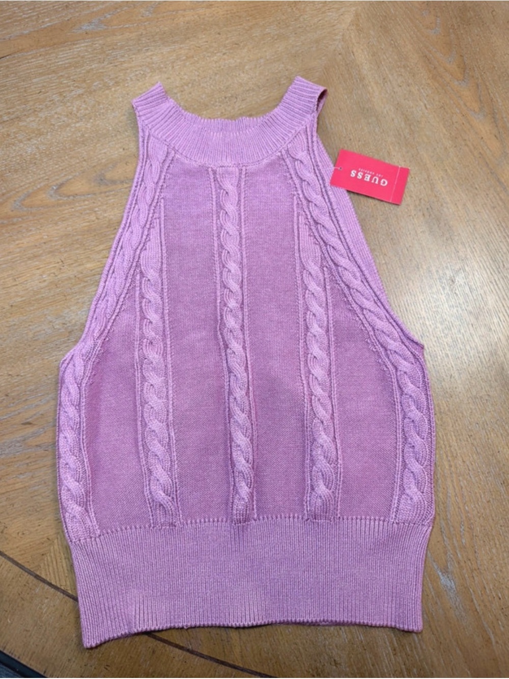 Guess Pink Cable Knit High-Neck Sleeveless Tank